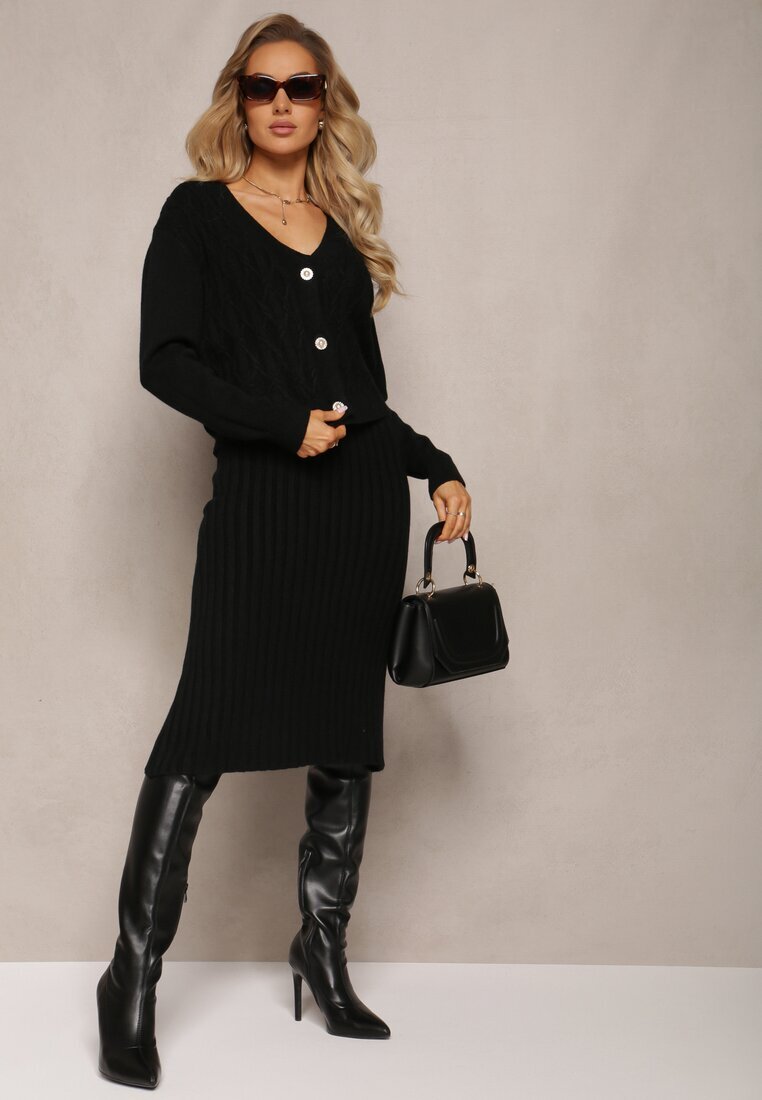  Set tricotat 2-piese Negru cu rochie și cardigan Finariel