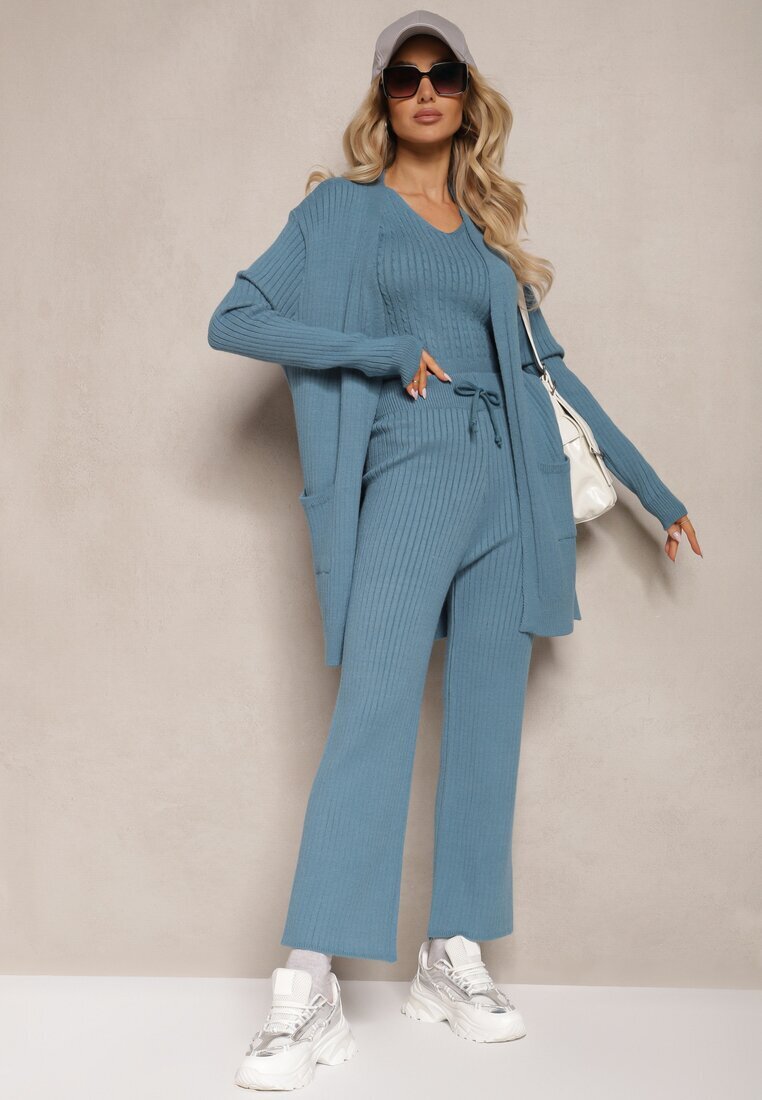  Set Tricotat Albastru Pantaloni Lărgi Bluză și Cardigan Deschis Irithaele