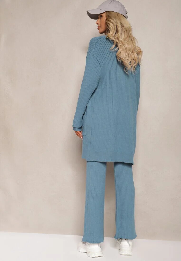  Set Tricotat Albastru Pantaloni Lărgi Bluză și Cardigan Deschis Irithaele