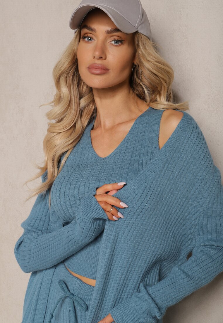  Set Tricotat Albastru Pantaloni Lărgi Bluză și Cardigan Deschis Irithaele