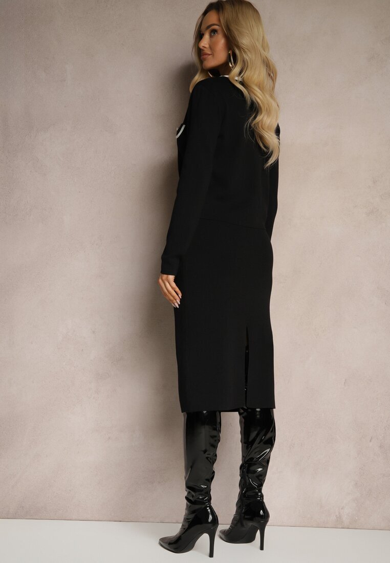  Set Tricotat Negru din Viscoză Top Descheiat Cardigan Fustă cu Croială Ajustată Emavenda