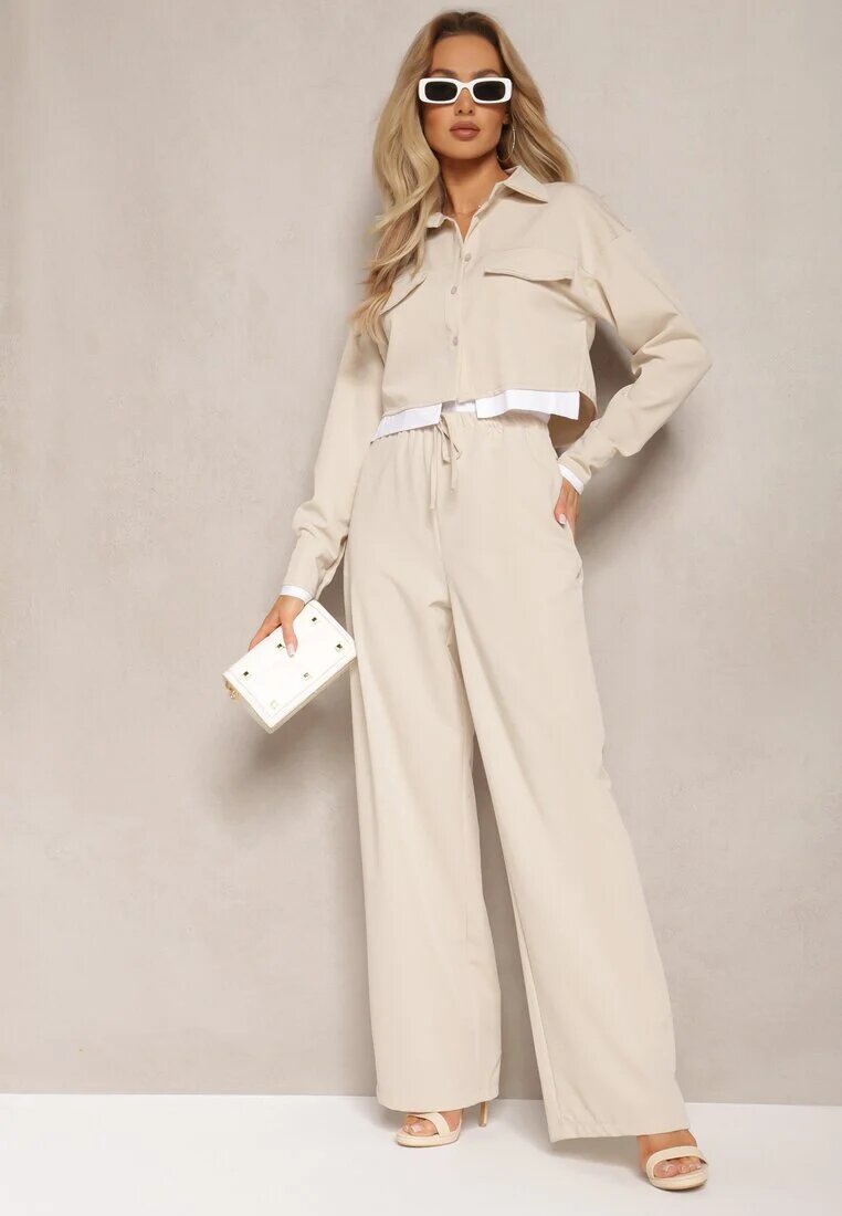  Set Utility Bej cu Cămașă Scurtă și Pantaloni Largi cu Elastic în Talie Ondina