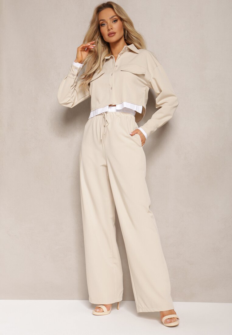  Set Utility Bej cu Cămașă Scurtă și Pantaloni Largi cu Elastic în Talie Ondina