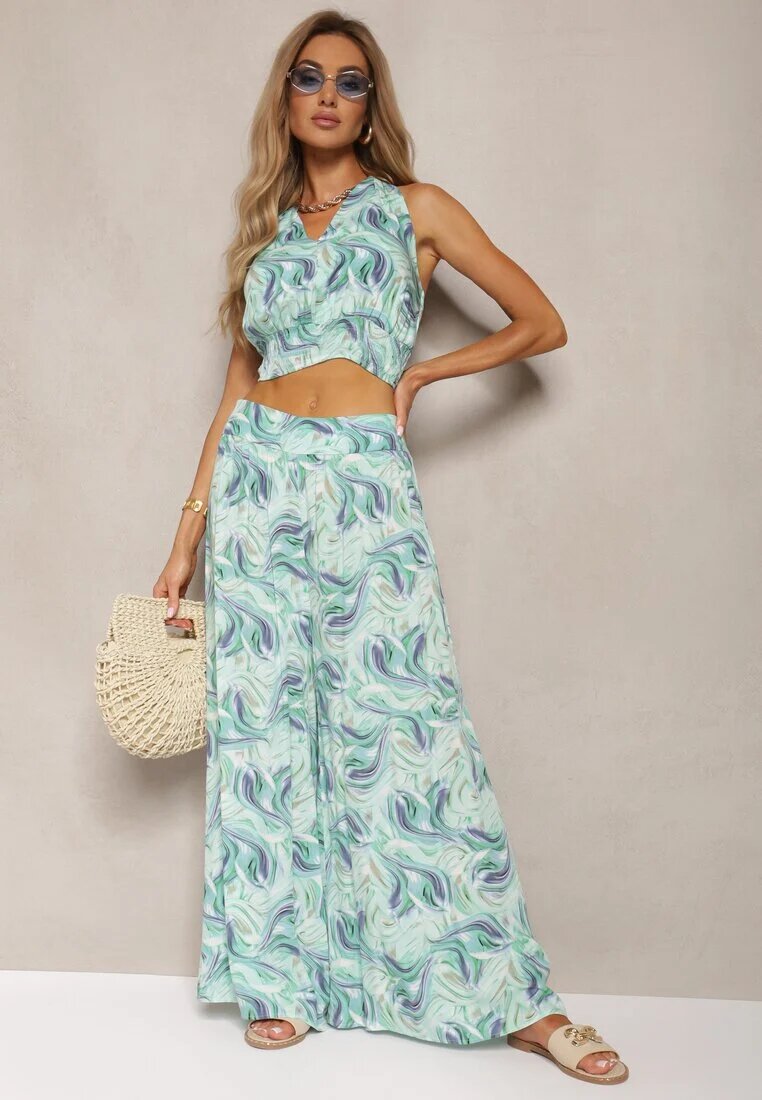  Set Verde Boho din Bumbac Top Scurt cu Bretele și Elastic Pantaloni Largi Rasida