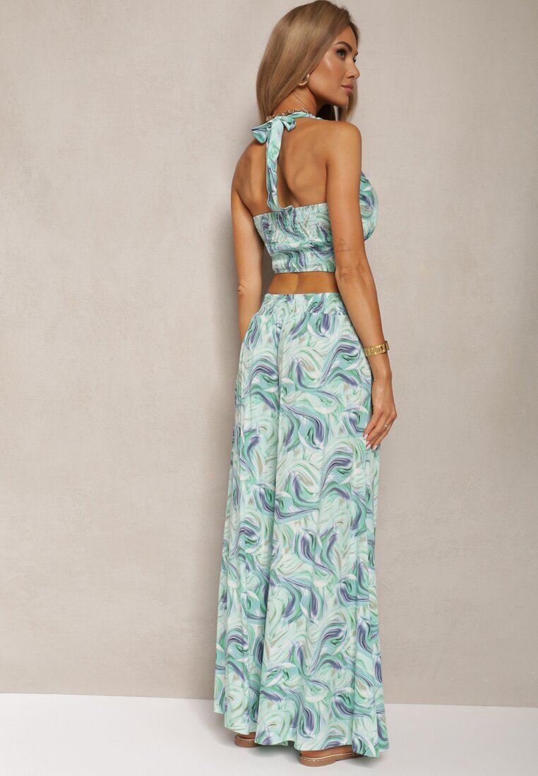  Set Verde Boho din Bumbac Top Scurt cu Bretele și Elastic Pantaloni Largi Rasida