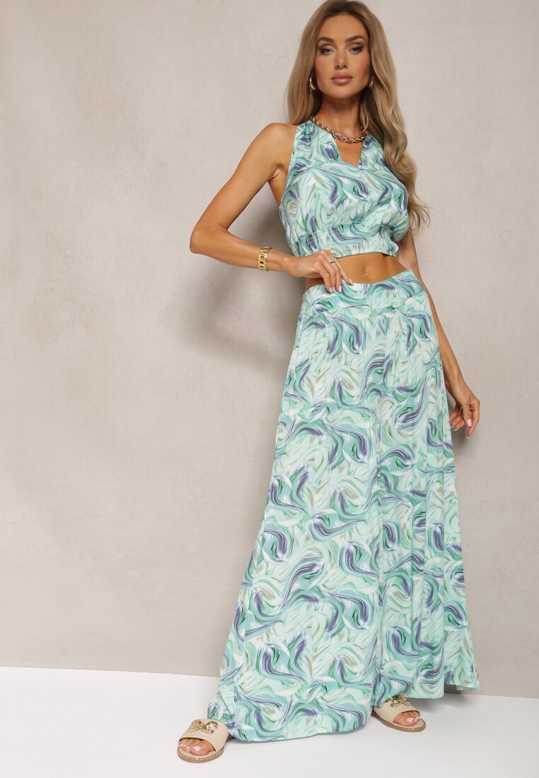  Set Verde Boho din Bumbac Top Scurt cu Bretele și Elastic Pantaloni Largi Rasida