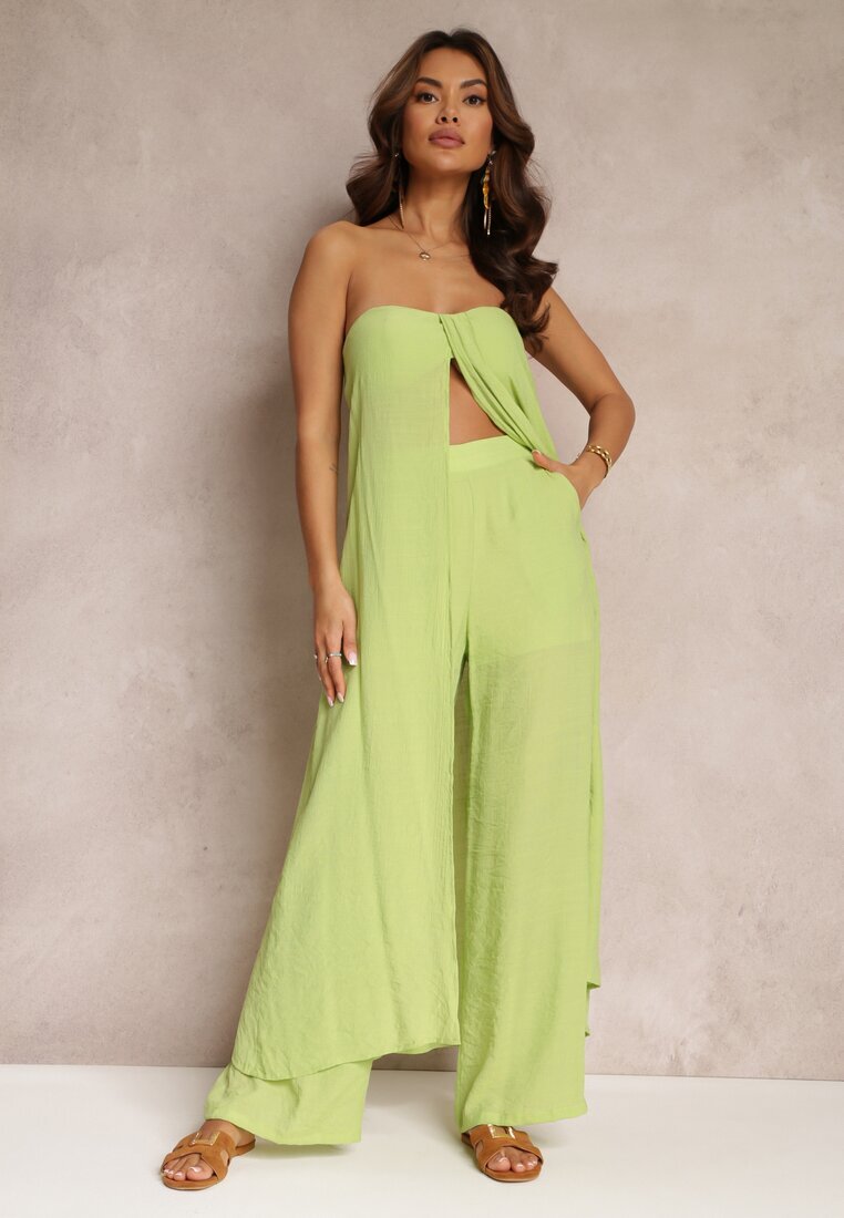  Set Verde din 2 piese Top lung și Pantaloni cu elastic în talie și picioare largi Bincina