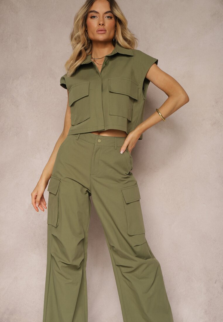  Set Verde din Bumbac Pantaloni stil Cargo Cămașă cu nasturi cu Buzunare Dimnas