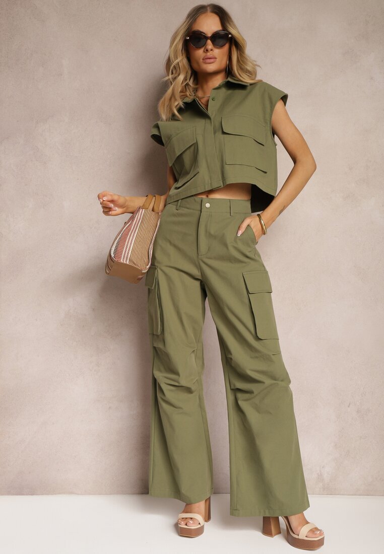  Set Verde din Bumbac Pantaloni stil Cargo Cămașă cu nasturi cu Buzunare Dimnas