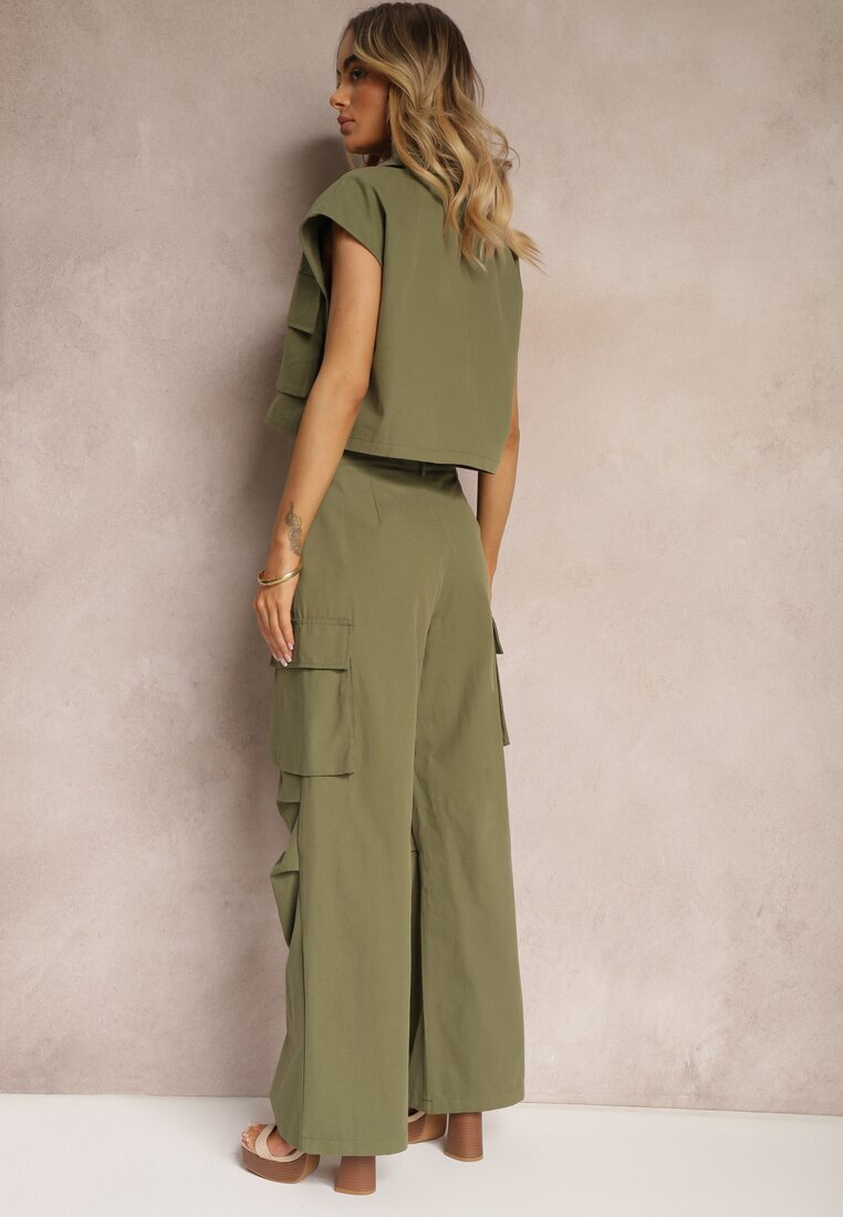  Set Verde din Bumbac Pantaloni stil Cargo Cămașă cu nasturi cu Buzunare Dimnas