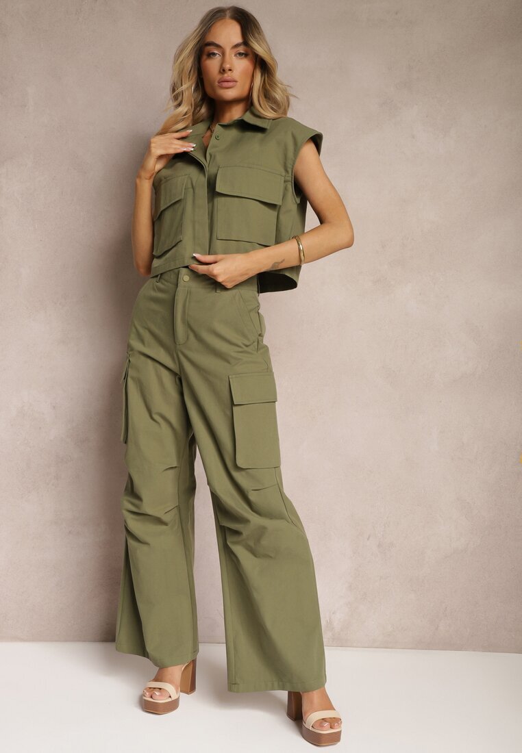  Set Verde din Bumbac Pantaloni stil Cargo Cămașă cu nasturi cu Buzunare Dimnas
