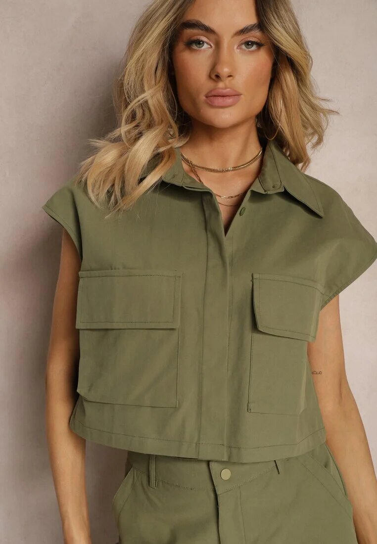  Set Verde din Bumbac Pantaloni stil Cargo Cămașă cu nasturi cu Buzunare Dimnas