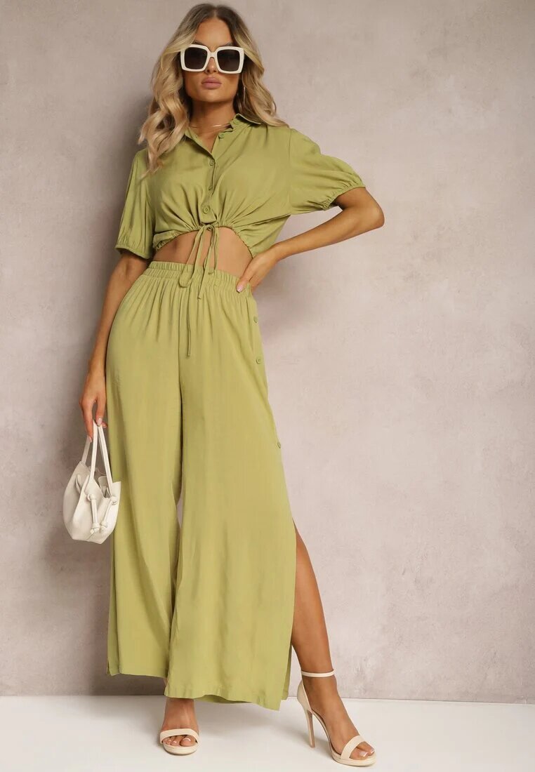  Set Verde din Bumbac Stil Utility Cămașă și Pantaloni Largi Veola