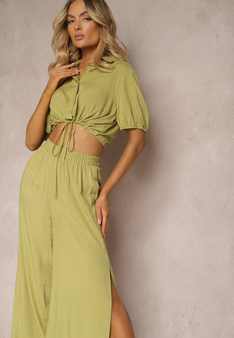  Set Verde din Bumbac Stil Utility Cămașă și Pantaloni Largi Veola