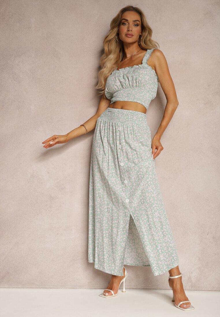  Set Verde Din bumbac Top cu bretele Fustă cu nasturi decorativi și elastic în talie Elasea