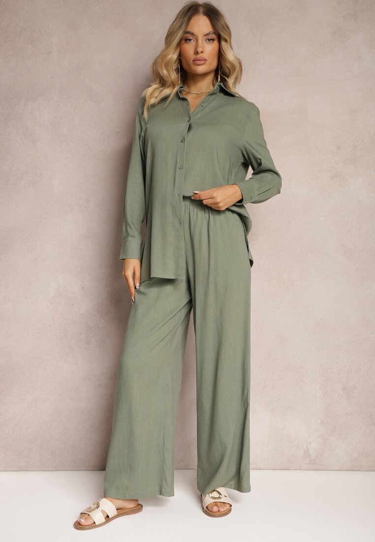  Set Verde Din viscoză Pantaloni cu picioare largi și cu elastic în talie Cămașă cu nasturi Tinamars