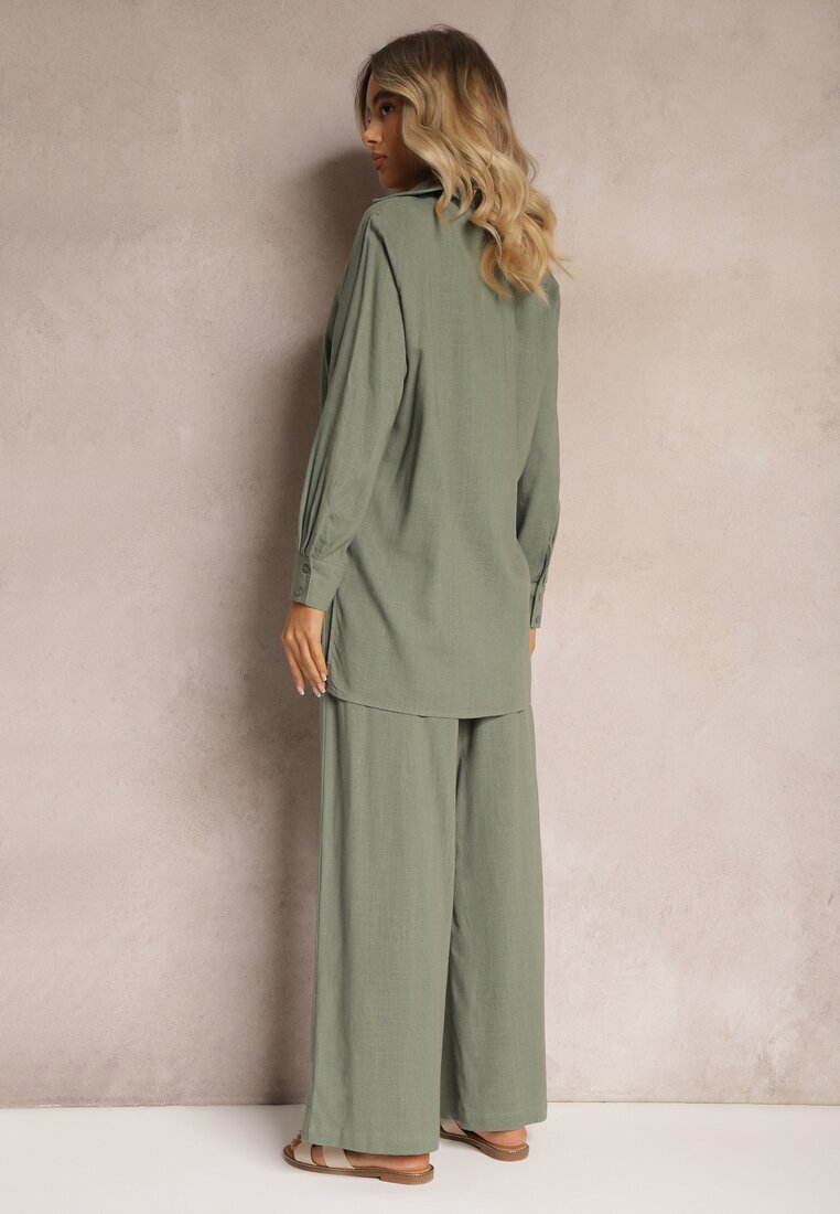  Set Verde Din viscoză Pantaloni cu picioare largi și cu elastic în talie Cămașă cu nasturi Tinamars