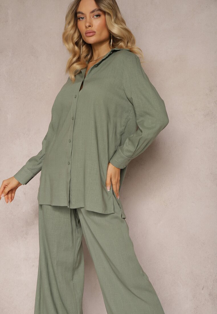  Set Verde Din viscoză Pantaloni cu picioare largi și cu elastic în talie Cămașă cu nasturi Tinamars