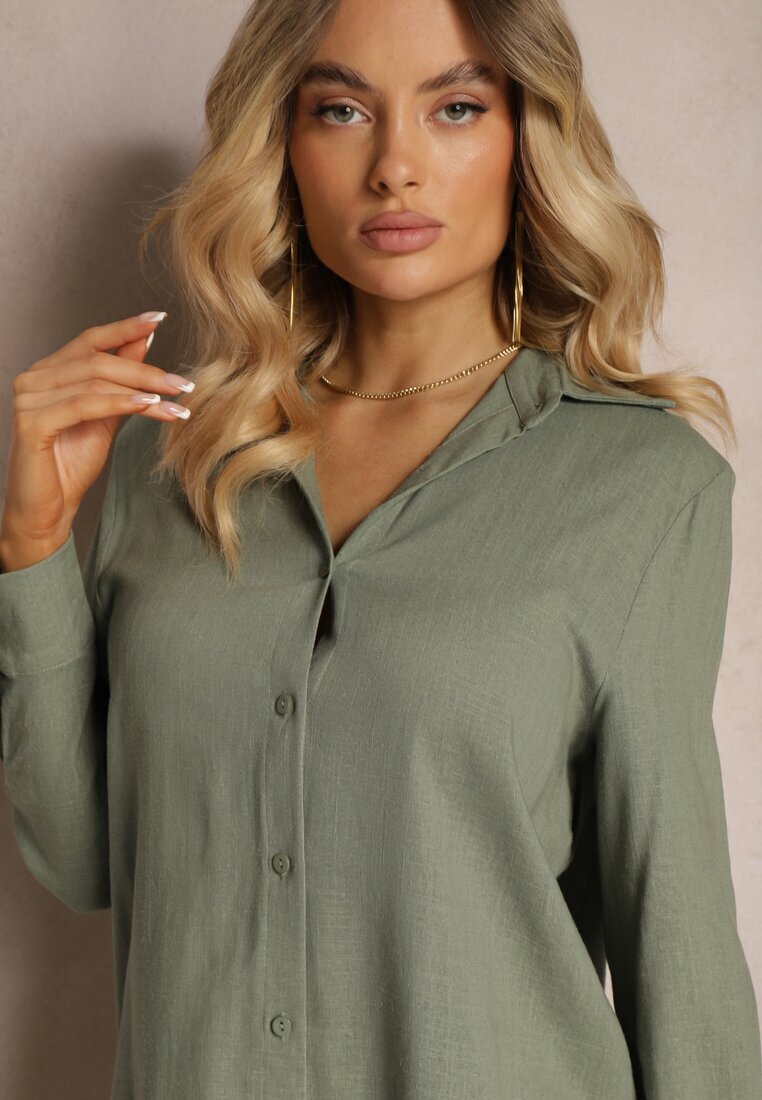  Set Verde Din viscoză Pantaloni cu picioare largi și cu elastic în talie Cămașă cu nasturi Tinamars