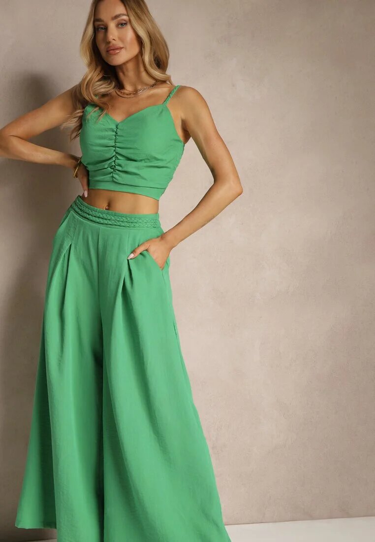  Set verde din viscoză Pantaloni largi Top cu cupe întărite Tirtebis
