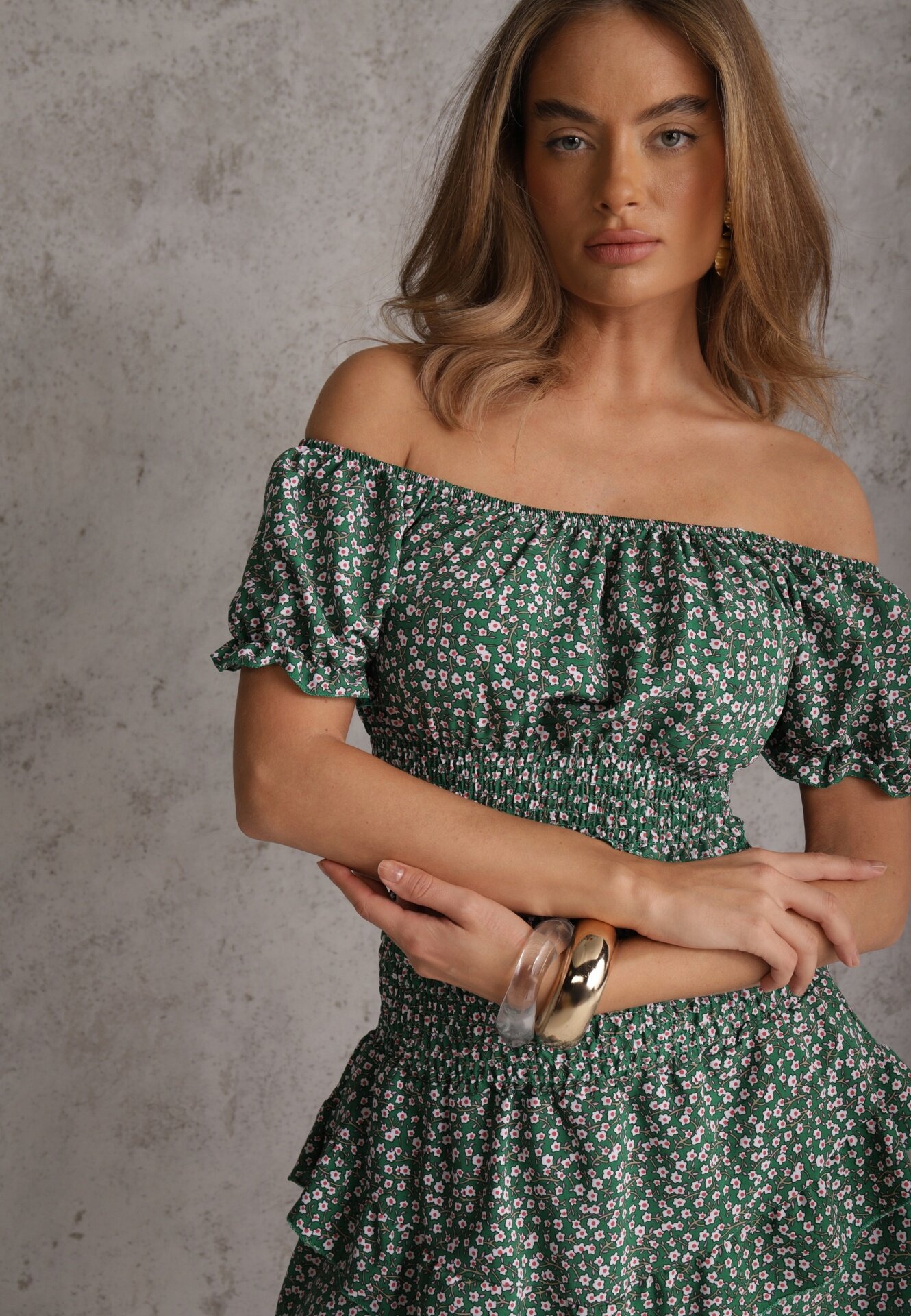  Set Verde Floral 2 Piese Top Stil Carmen și Fustă cu Volănaș Crispa