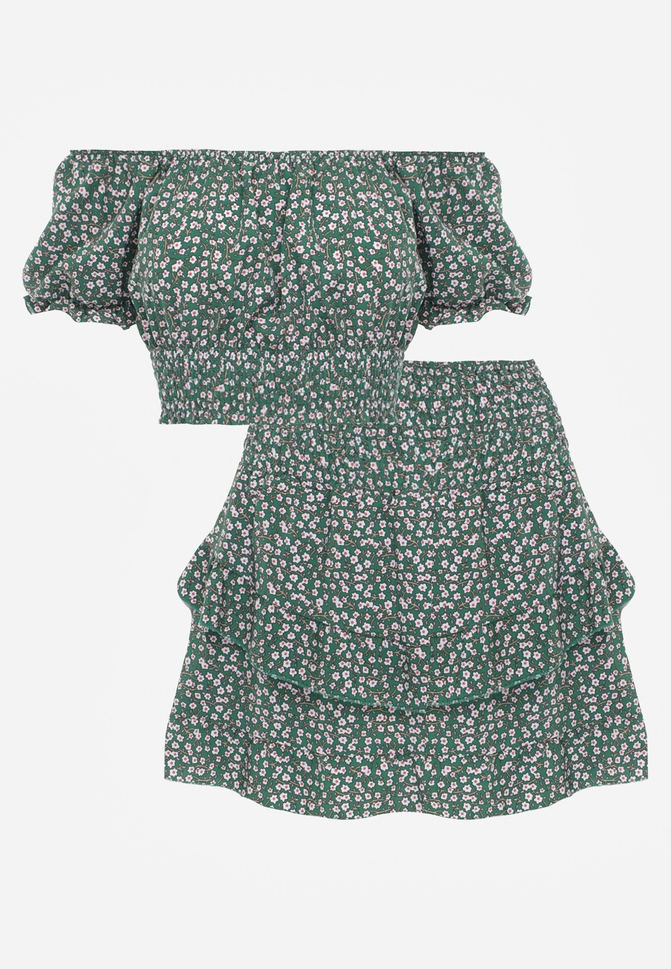  Set Verde Floral 2 Piese Top Stil Carmen și Fustă cu Volănaș Crispa