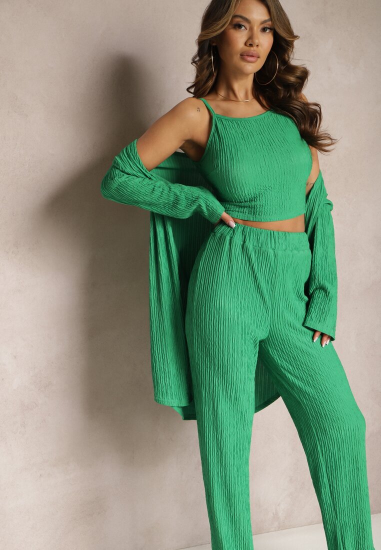  Set Verde închis cu Striatii Decorative cu Cămașă cu Top și Pantaloni Raliva