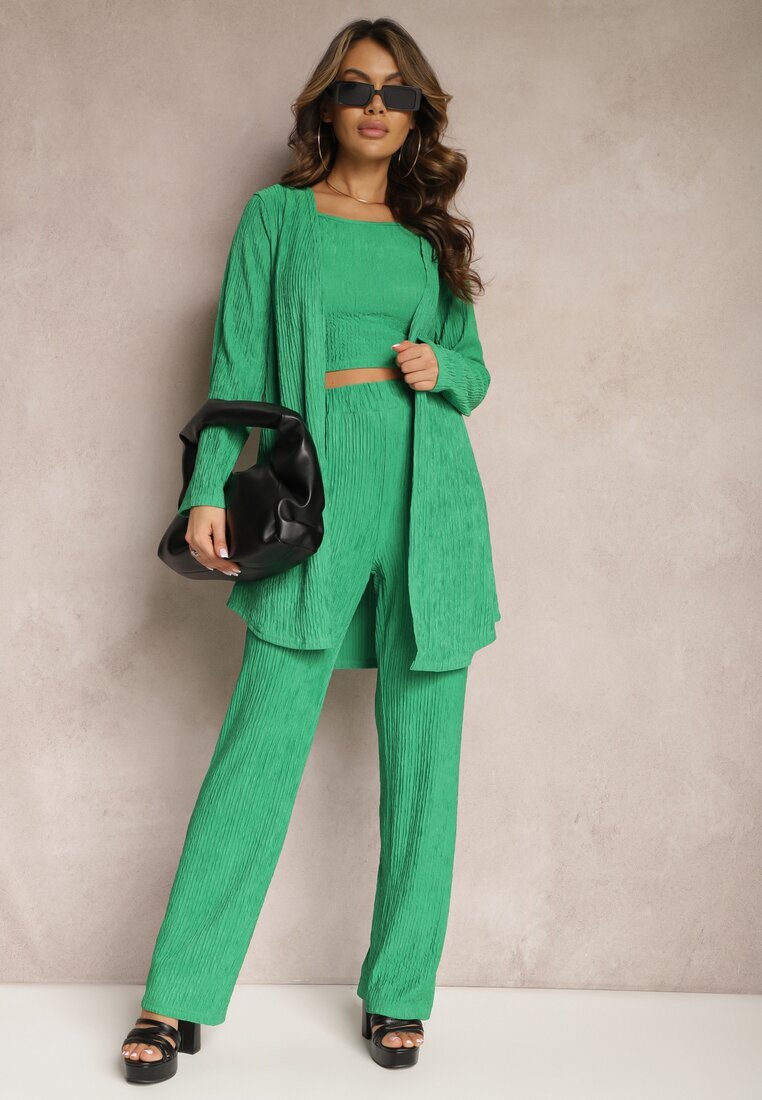  Set Verde închis cu Striatii Decorative cu Cămașă cu Top și Pantaloni Raliva