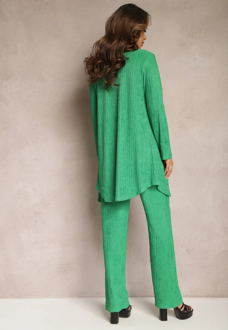  Set Verde închis cu Striatii Decorative cu Cămașă cu Top și Pantaloni Raliva