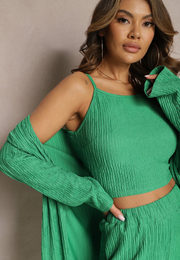  Set Verde închis cu Striatii Decorative cu Cămașă cu Top și Pantaloni Raliva
