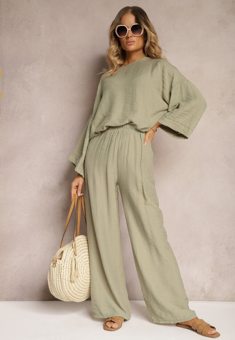  Set Verde închis din Viscoză Bluză cu croi tip liliac și Pantaloni largi Qadrina
