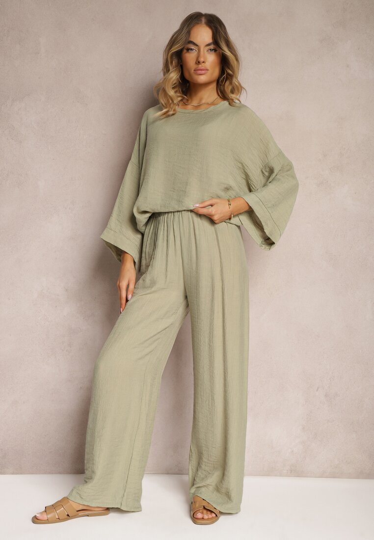  Set Verde închis din Viscoză Bluză cu croi tip liliac și Pantaloni largi Qadrina