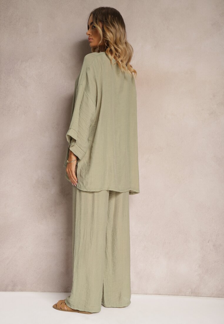  Set Verde închis din Viscoză Bluză cu croi tip liliac și Pantaloni largi Qadrina