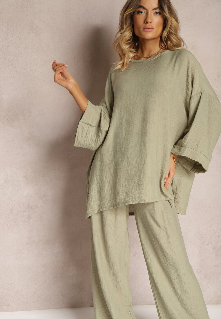  Set Verde închis din Viscoză Bluză cu croi tip liliac și Pantaloni largi Qadrina