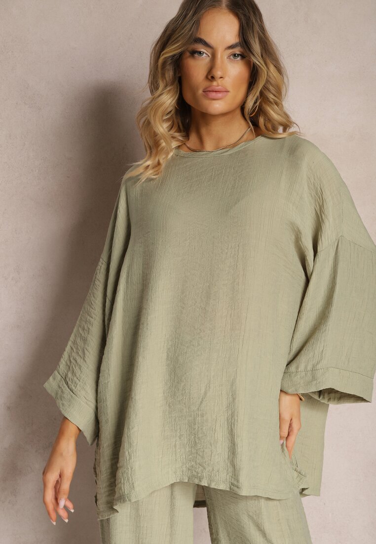  Set Verde închis din Viscoză Bluză cu croi tip liliac și Pantaloni largi Qadrina