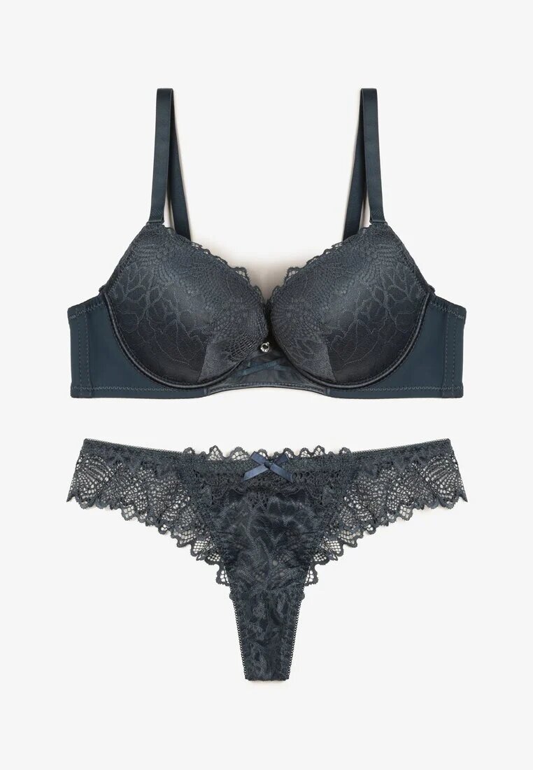  Set Verde închis Sutien Push Up și Chiloți Decorate cu Dantelă Romantică Zeril