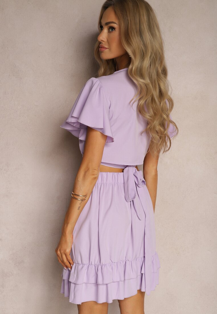  Set violet din 2 piese Top scurt cu șiret Fustă cu volane și elastic în talie Clementis