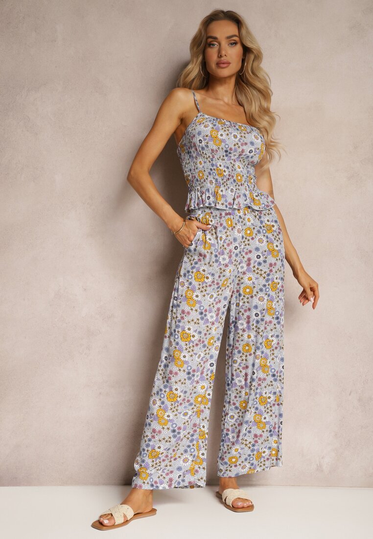  Set Violet din Bumbac Top încrețit cu bretele Pantaloni largi cu elastic în talie Elary