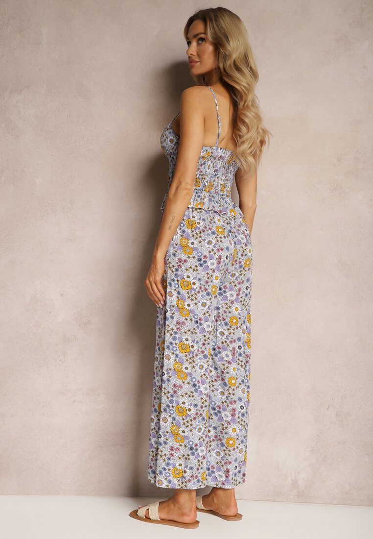 Set Violet din Bumbac Top încrețit cu bretele Pantaloni largi cu elastic în talie Elary