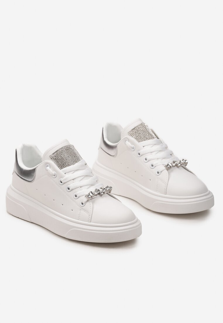 Sneakers Alb-Argintii cu Zirconii pe Limbă și Aplicație Bijuterie Detașabilă pe Șireturi Coletti