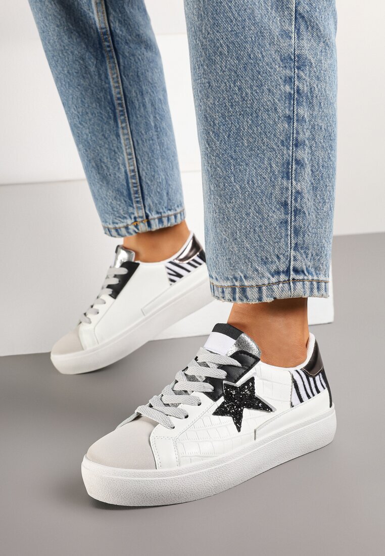  Sneakers Alb-Gri pe platformă joasă cu ornamente cu sclipici Felaven