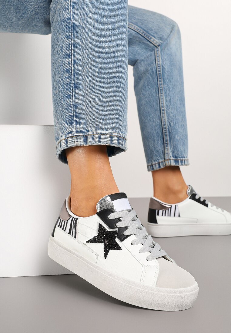  Sneakers Alb-Gri pe platformă joasă cu ornamente cu sclipici Felaven