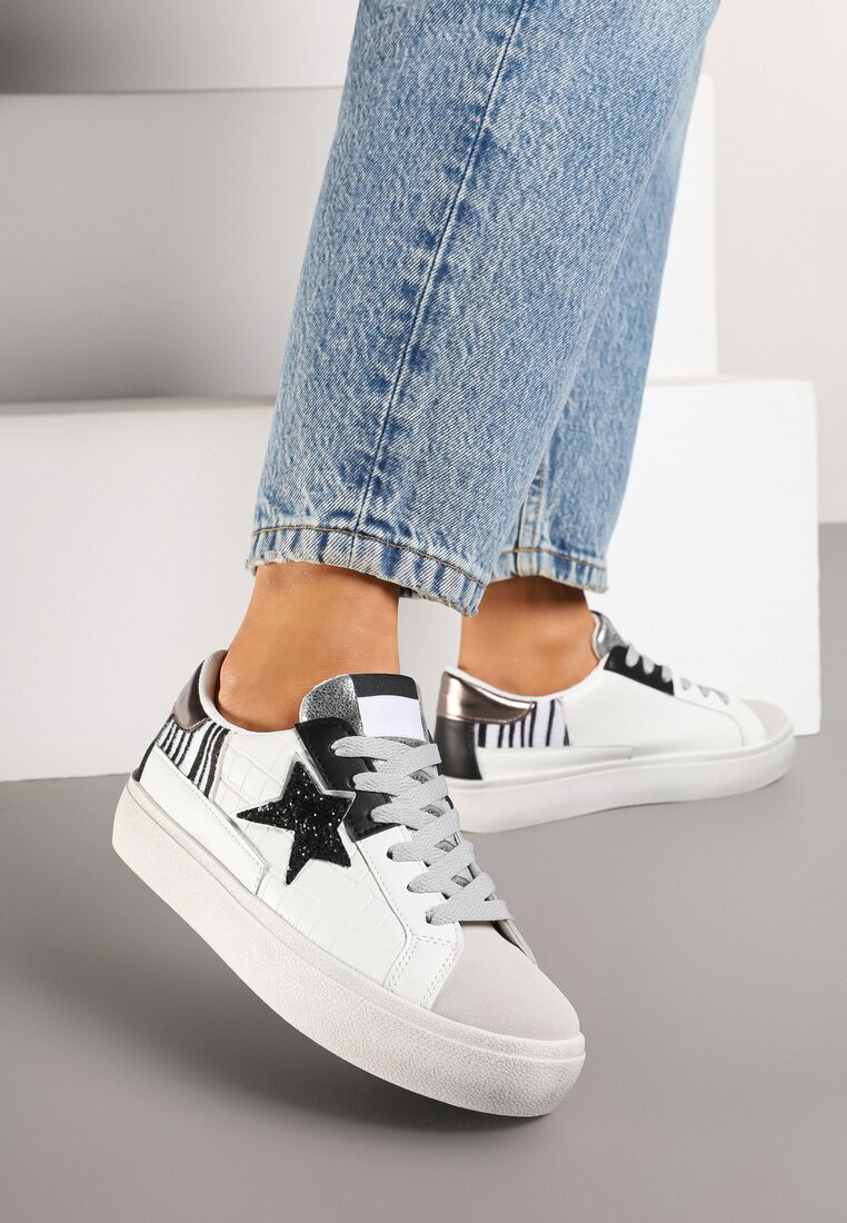  Sneakers Alb-Gri pe platformă joasă cu ornamente cu sclipici Felaven