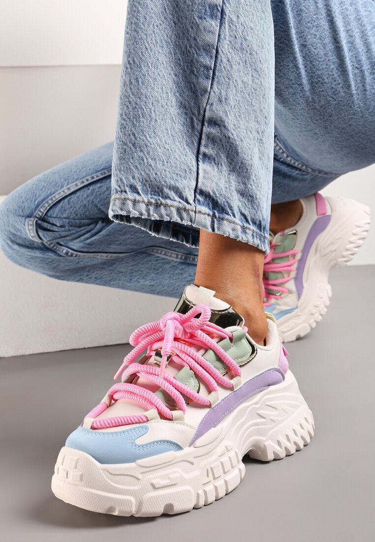  Sneakers Alb-Roz cu Șireturi Groase pe Platformă Joasă Lasandre