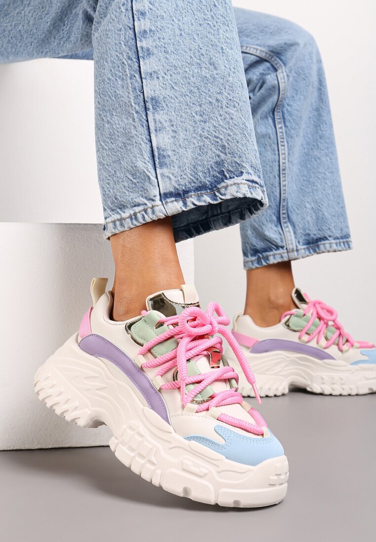  Sneakers Alb-Roz cu Șireturi Groase pe Platformă Joasă Lasandre