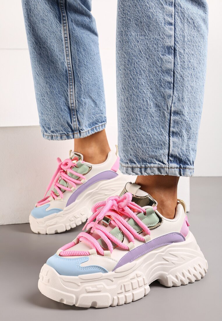  Sneakers Alb-Roz cu Șireturi Groase pe Platformă Joasă Lasandre