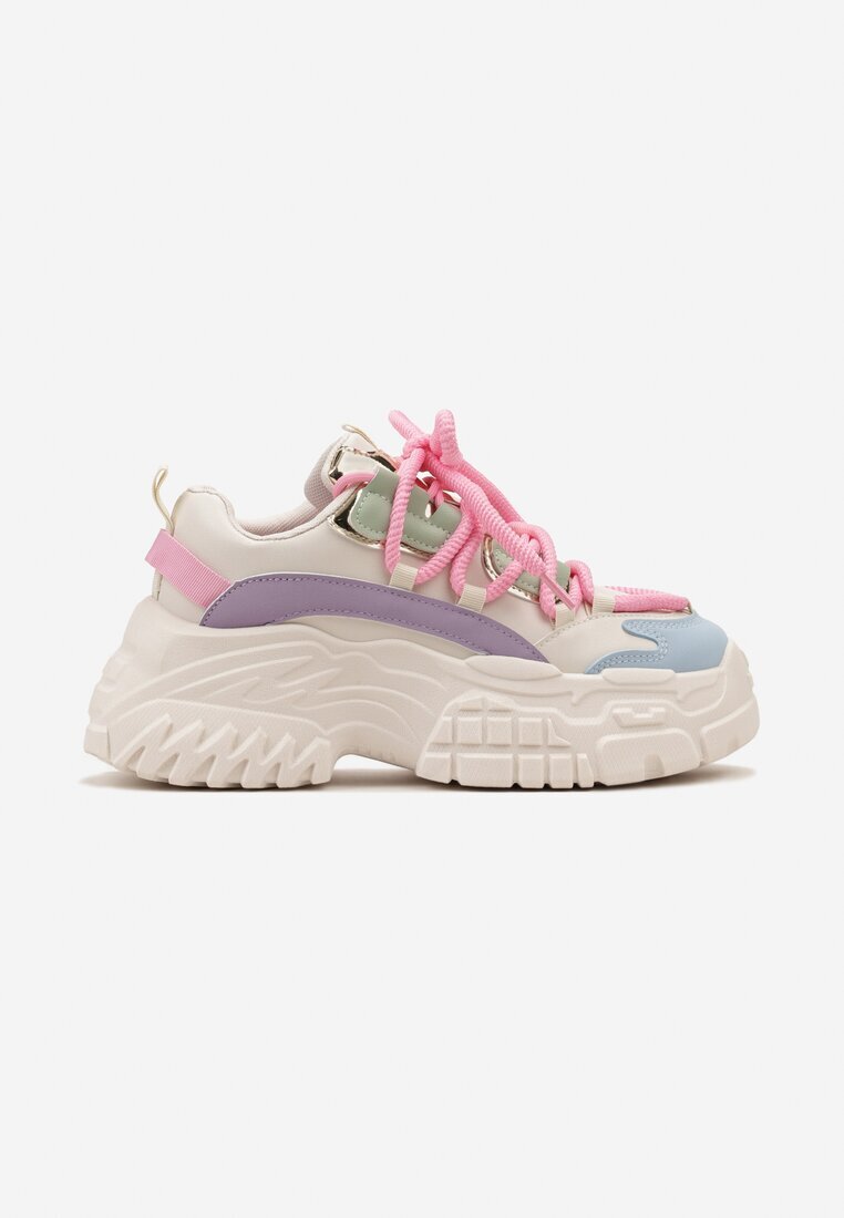  Sneakers Alb-Roz cu Șireturi Groase pe Platformă Joasă Lasandre