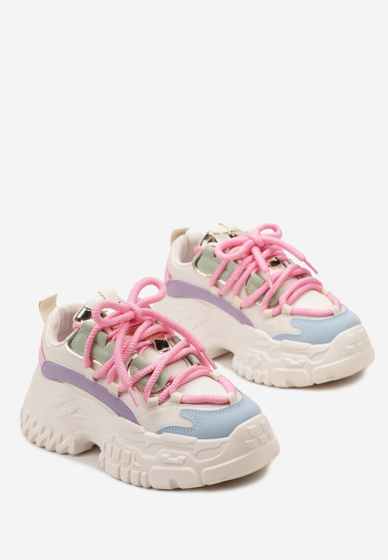  Sneakers Alb-Roz cu Șireturi Groase pe Platformă Joasă Lasandre