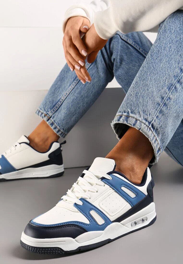  Sneakers albi și bleumarin cu șireturi cu numeroase inserții din piele ecologică Gwendias
