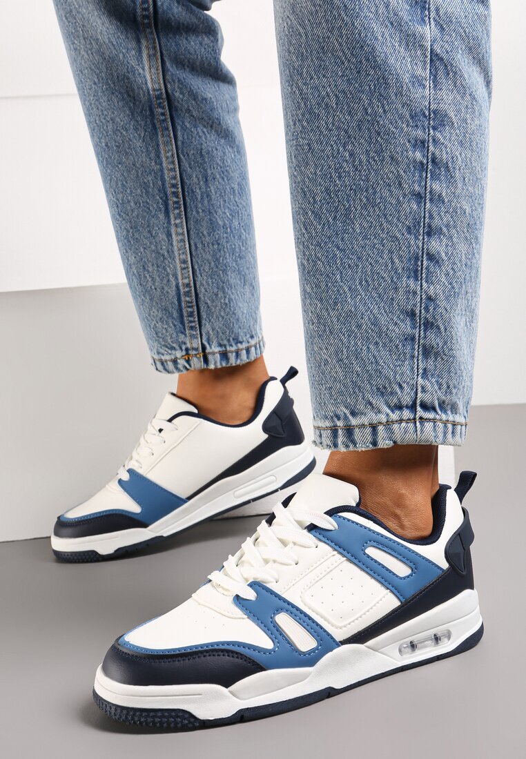  Sneakers albi și bleumarin cu șireturi cu numeroase inserții din piele ecologică Gwendias